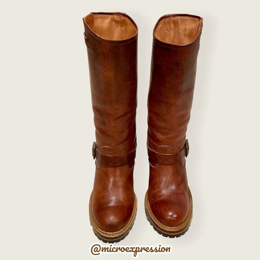 $388 Frye Mildred Brown English Engineer Leather Buckled Heeled Riding Boots